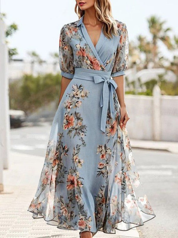 Women's Floral V-Neck with Ribbon Midi Dress