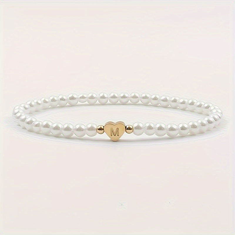 Personalized Pearl Bead Bracelet with Heart Initial Charm