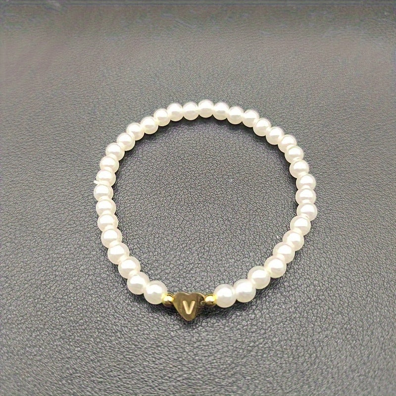 Personalized Pearl Bead Bracelet with Heart Initial Charm