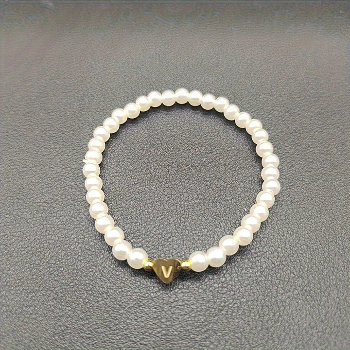Personalized Pearl Bead Bracelet with Heart Initial Charm