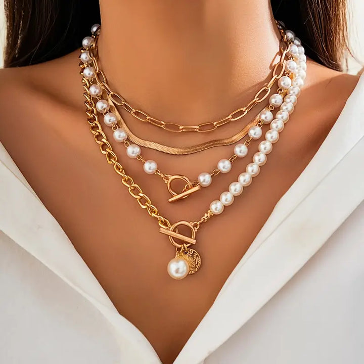 Women's Elegant Layered Pearl Necklace Set