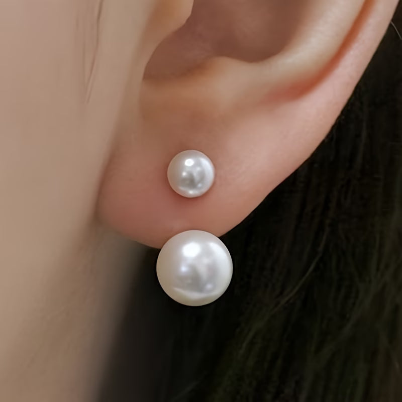 Women's Elegant Double Pearl Drop Stud Earrings