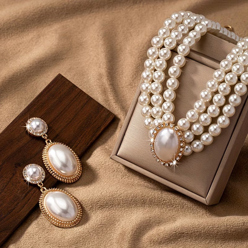 Women's Classic String of Pearls Necklace Earring Bracelet Jewelry Set