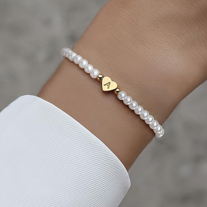 Personalized Pearl Bead Bracelet with Heart Initial Charm
