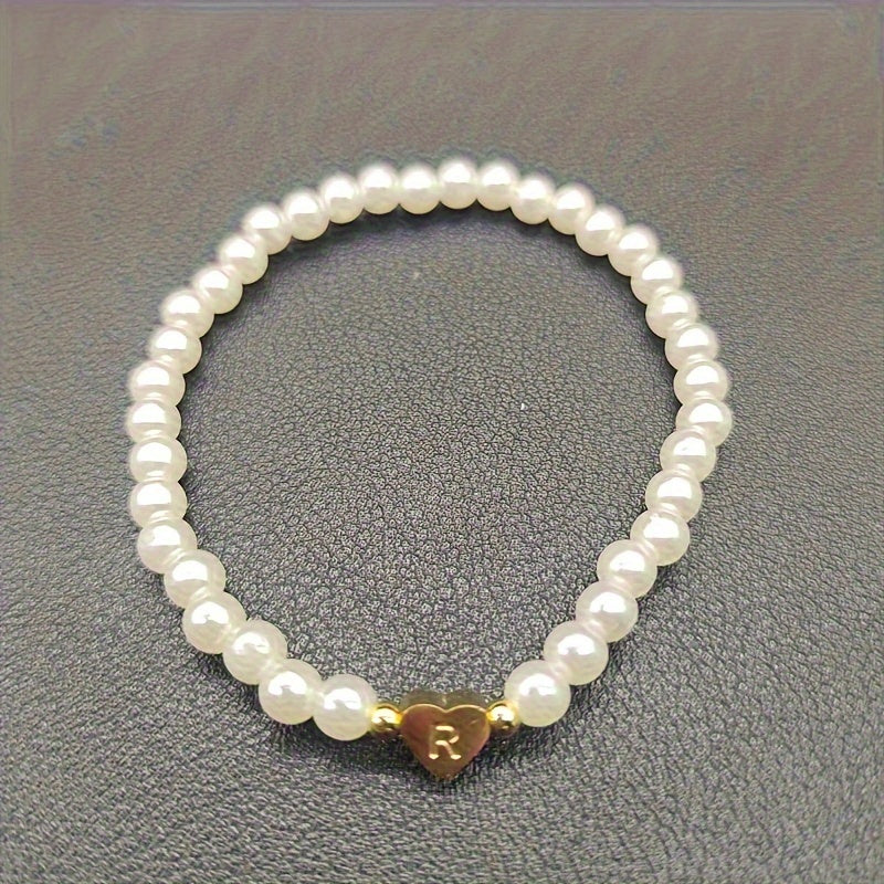 Personalized Pearl Bead Bracelet with Heart Initial Charm