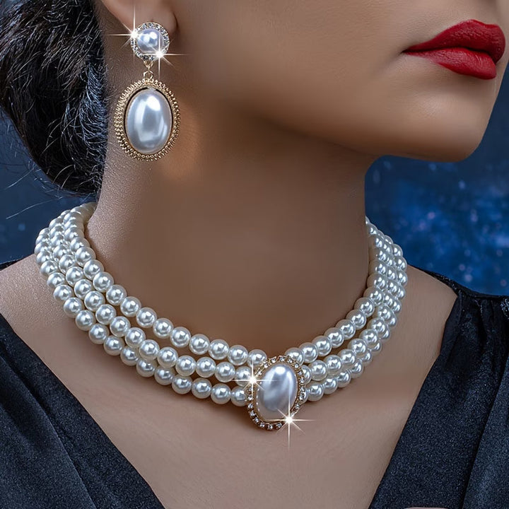 Women's Classic String of Pearls Necklace Earring Bracelet Jewelry Set