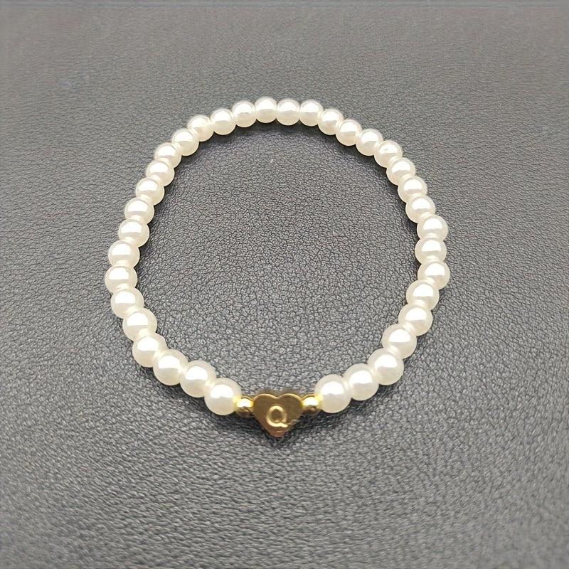 Personalized Pearl Bead Bracelet with Heart Initial Charm