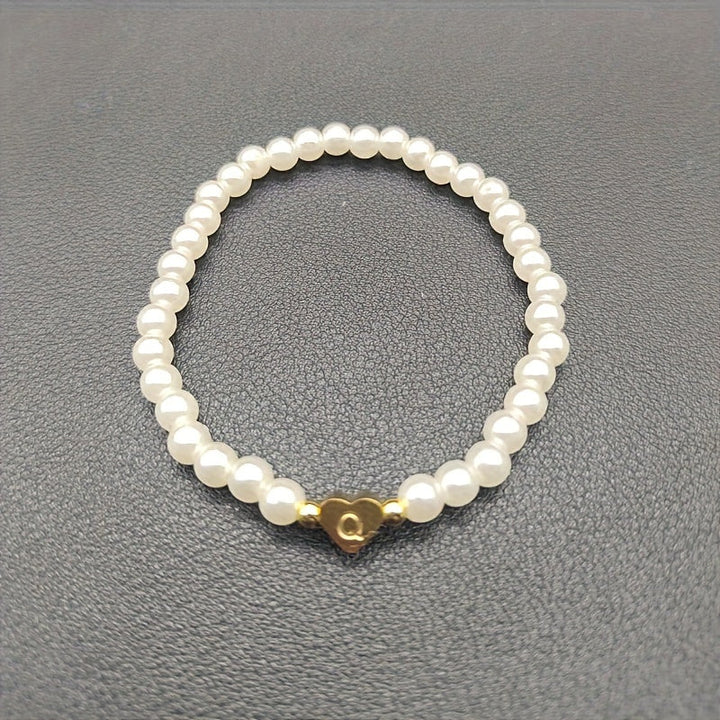 Personalized Pearl Bead Bracelet with Heart Initial Charm