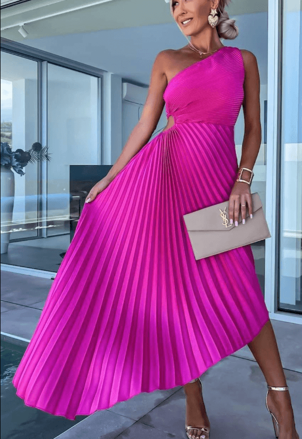 Women's Elegant One Shoulder Pleated Maxi Dress