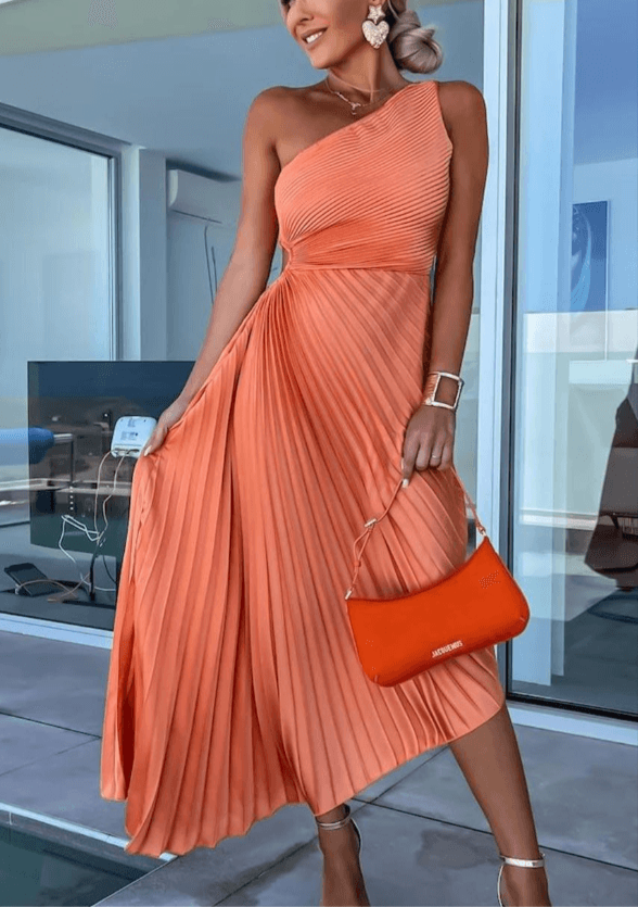 Women's Elegant One Shoulder Pleated Maxi Dress