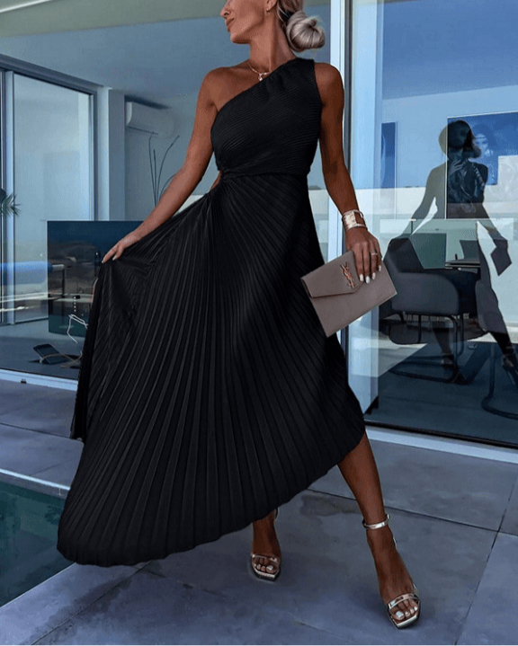 Women's Elegant One Shoulder Pleated Maxi Dress
