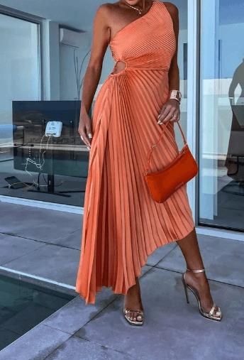Women's Elegant One Shoulder Pleated Maxi Dress