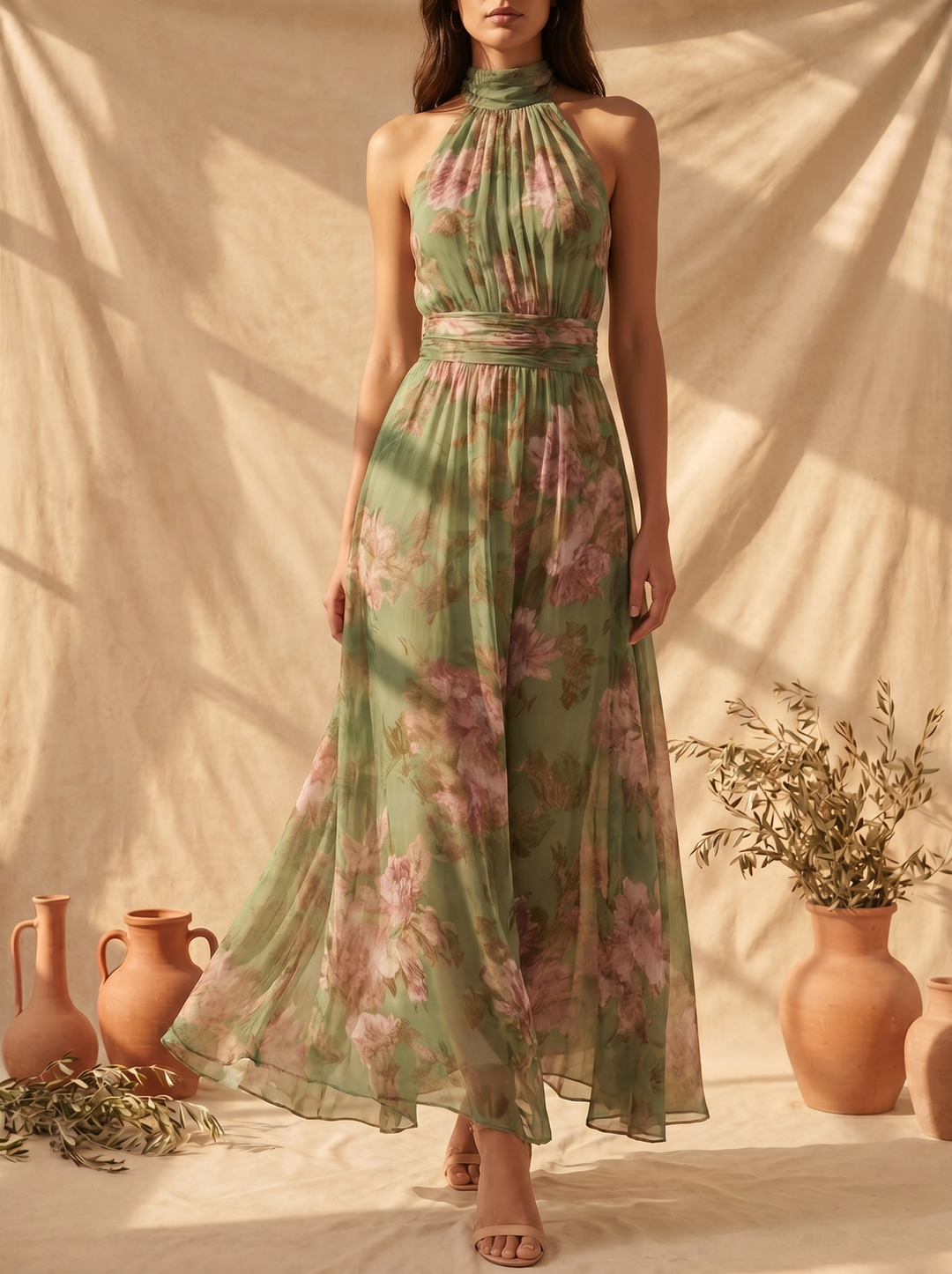 Women's Elegant Floral Maxi Halter Dress