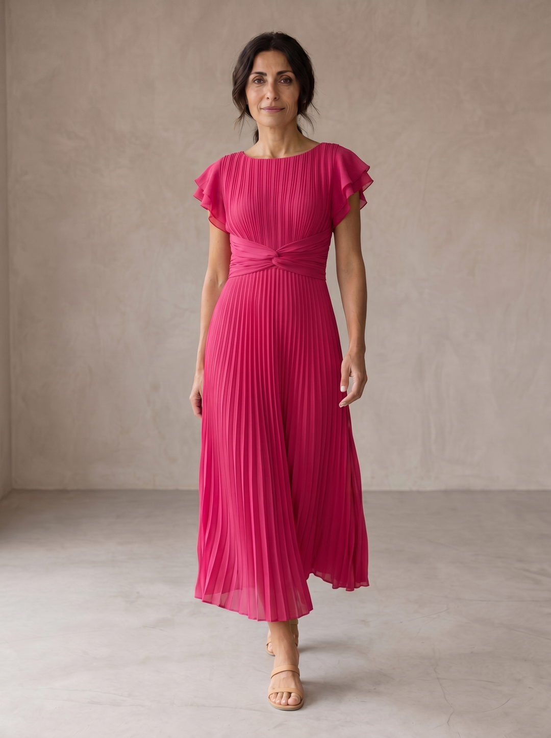 Women's Pleated Tied Waist Elegant Maxi Dress