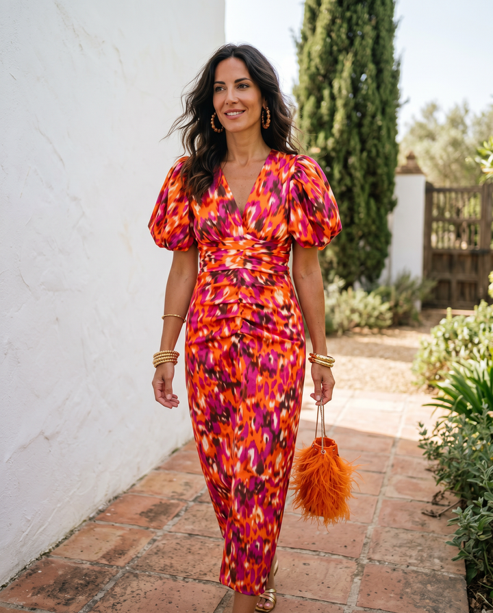 Women's Flowy Midi Floral Puff Sleeve Dress