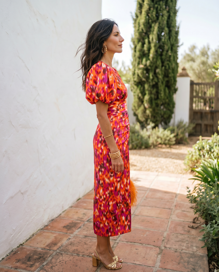 Women's Flowy Midi Floral Puff Sleeve Dress