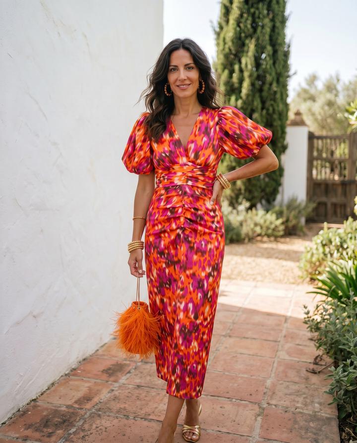 Women's Flowy Midi Floral Puff Sleeve Dress