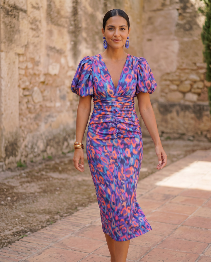Women's Flowy Midi Floral Puff Sleeve Dress
