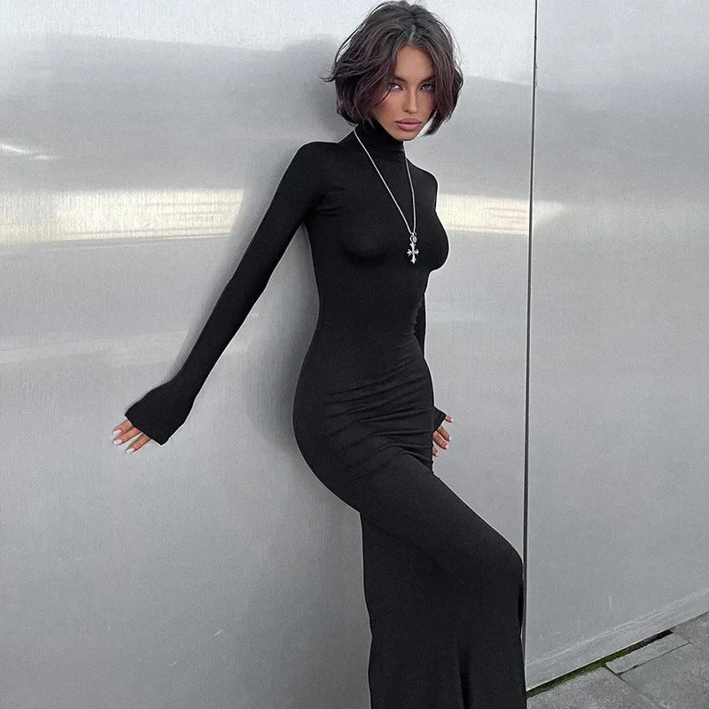 Women's Black Long-Sleeve Turtleneck Dress