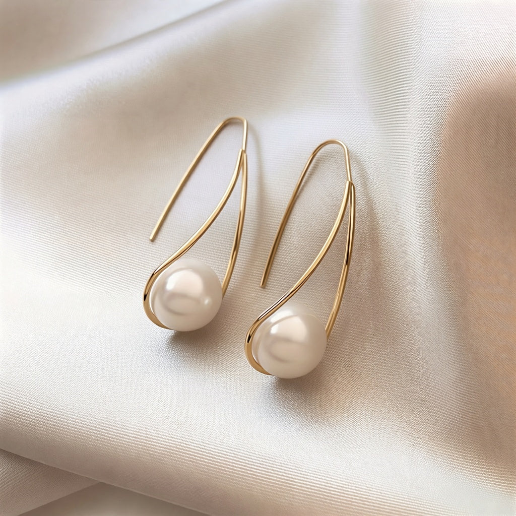 Women's Elegant Pearl Drop Dangle Sterling Silver Stud Earrings