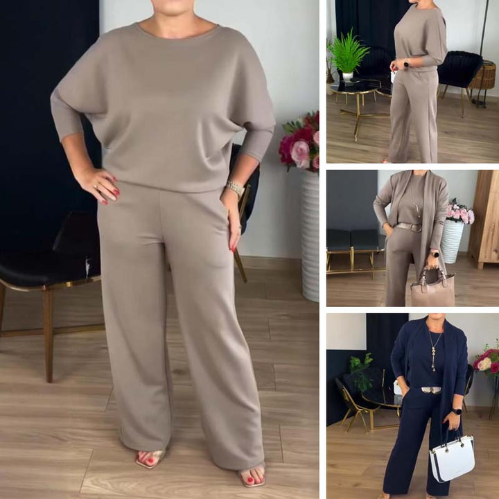 Elegant 3-piece set including a long cardigan